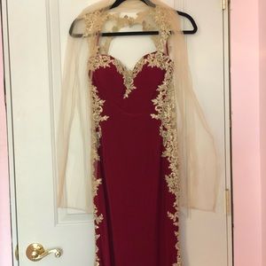 Juniors medium red/gold embellished gown spaghetti straps